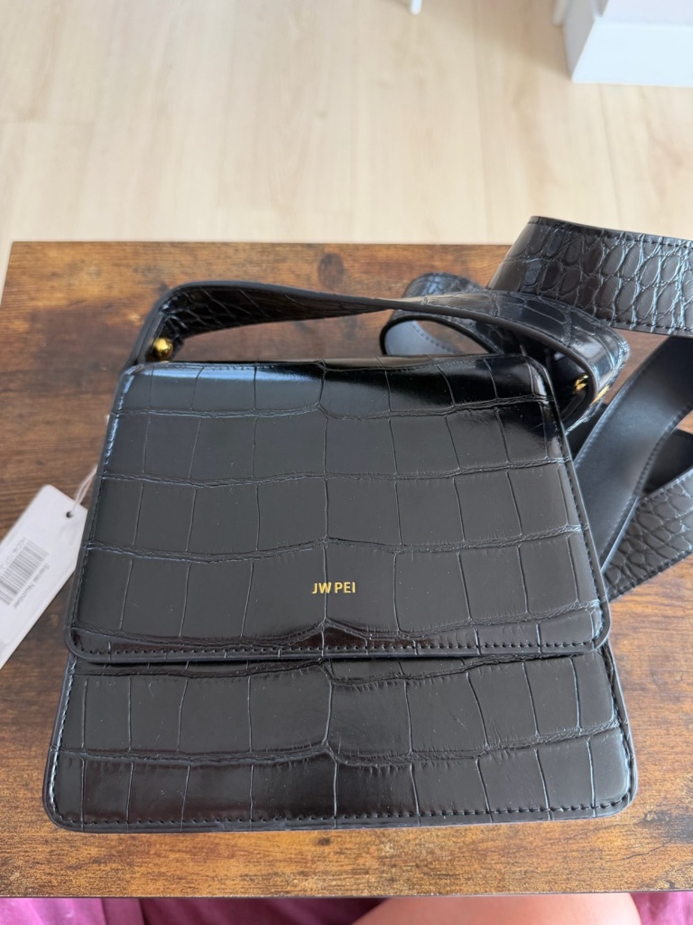 JW PEI Black Croc-Embossed Messenger Bag with Gold Logo